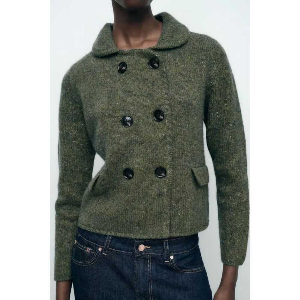 Green Zara Wool Blend Button Front Double Breasted Cardigan Sweater (NWT)